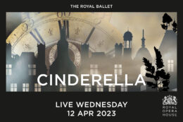 A large clock sits behind a silhouetted cityscape, with the title "Cinderella" in the foreground