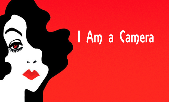 A cartoon face of a lady sits at the left side of the image, against a bright red backdrop. The title 'I Am Camera' also sits on the image