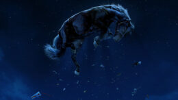 Against a dark blue sky, a horse floats upwards as if being pulled towards the top of the image