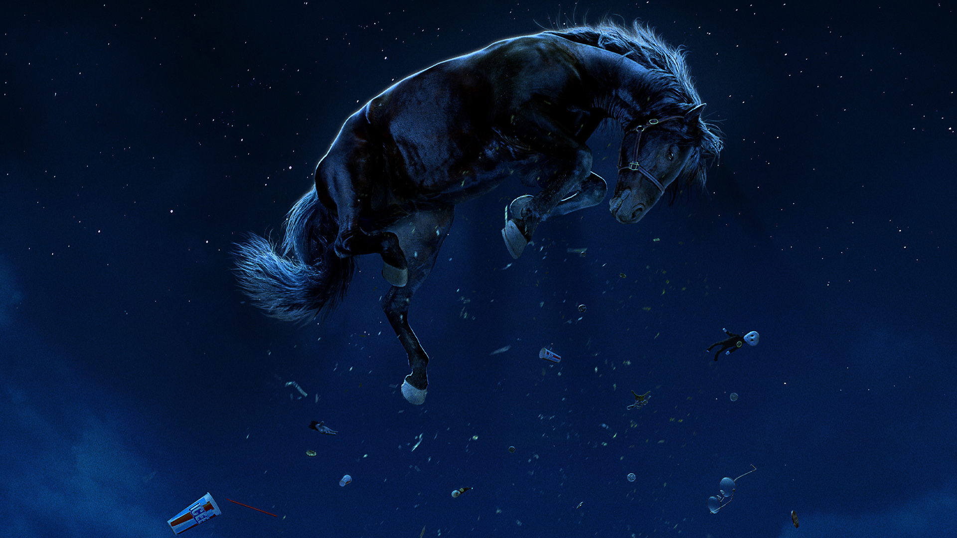 Against a dark blue sky, a horse floats upwards as if being pulled towards the top of the image